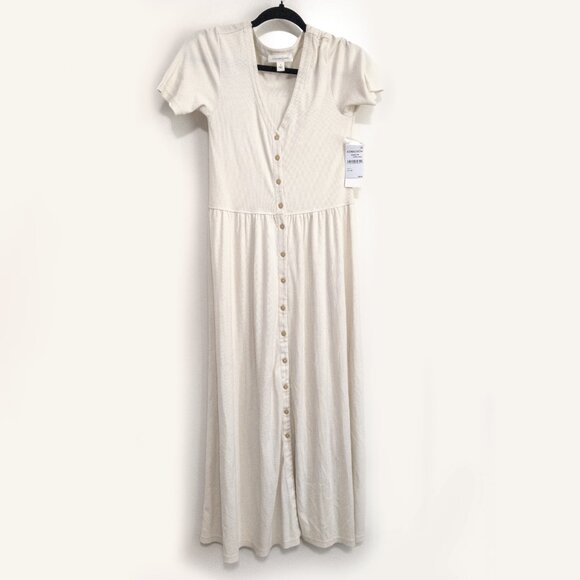 TREASURE & BOND Button Front Rib Dress In Ivory Dove Womens Sz. Small V-Neck NWT - Picture 1 of 5